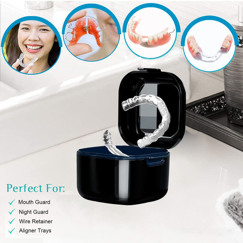 whoobell Denture Cup，Retainer Case,Cute Night Mouth Guard Box Holder, Storage Soak Container Black