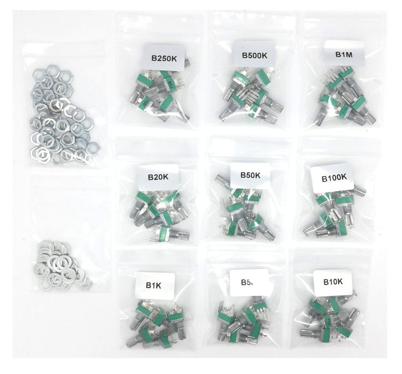 45 pcs Small onboard PCB Potentiometer Assortment 9 Values 1K 5K 10K 20K 50K 100K 200K 500K 1M, Vertical Legs Terminal, 15mm axis, B = Linear
