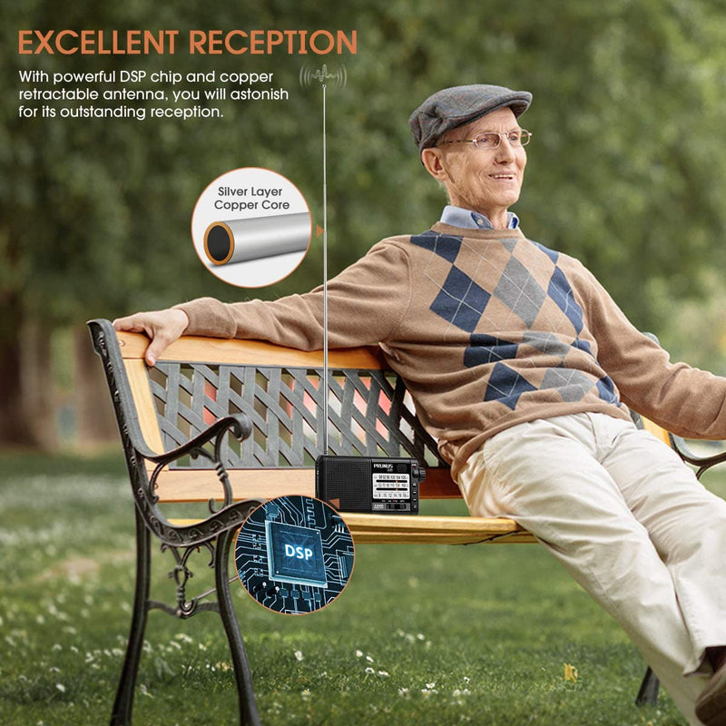 PRUNUS J-01 Portable Radio AM FM Shortwave Radios with Best Reception,Transistor Radios Rechargeable Battery Operated Electric Radio Support TF Card MP3 Play & Large Buttons and Large Dials