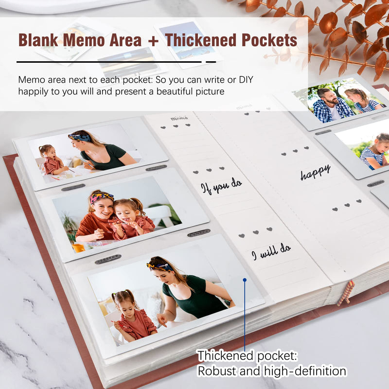 Photo Album for Fujifilm Instax Mini Camera, Polaroid Camera, Instax Photo Album with Memo Areas Mini Polaroid Photo Album Book 180 Pockets for Fujifilm Instax Mini 11 9 8 40 Evo Instant Camera, Brown