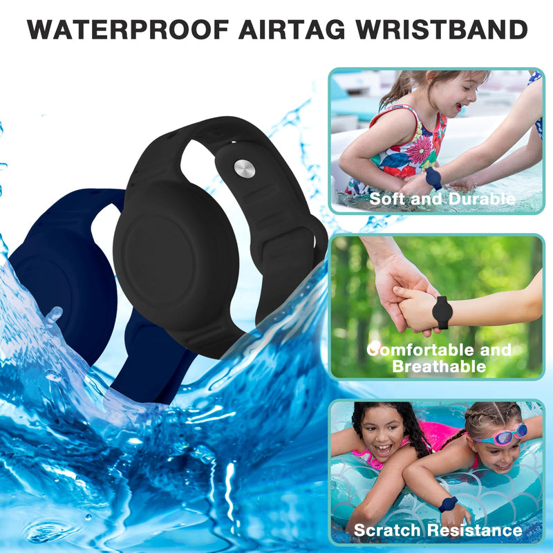 Waterproof Airtag Bracelet for Kids(2 Pack) - Soft Silicone Air tag Wristband Kids Full Case Cover Compatible with Apple Airtag, Lightweight GPS Tracker Holder for Kids Black/NavyBlue