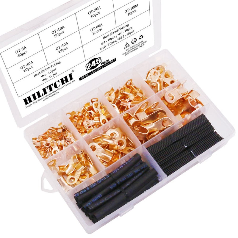 Hilitchi 245-Pcs Open Barrel Wire Crimp Copper Ring Lugs Terminal Connector with 2:1 Heat Shrink Tubing Assortment Kit - OT 5A 10A 20A 30A 40A 50A 60A 100A