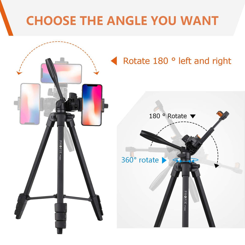 PHOPIK Lightweight Phone Tripod 55Inches, Video Tripod with 360 Panorama and 1/4â€ Mounting Screw for Mirrorless/Gopro/DSLR Camera, Phone Holder for Smartphone, Max Load 6.6 Lbs, Carry Bag Inclued