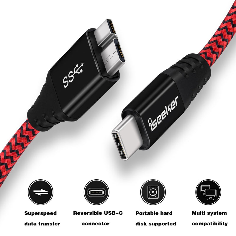 Type C to Micro B Cable, iSeekerKit USB 3.0 USB-C to Micro USB 1Ft Charge & Data Sync Cable Compatible for Samsung Galaxy S5/ Note 3, Toshiba Canvio, WD External Hard Drive Red&Blue