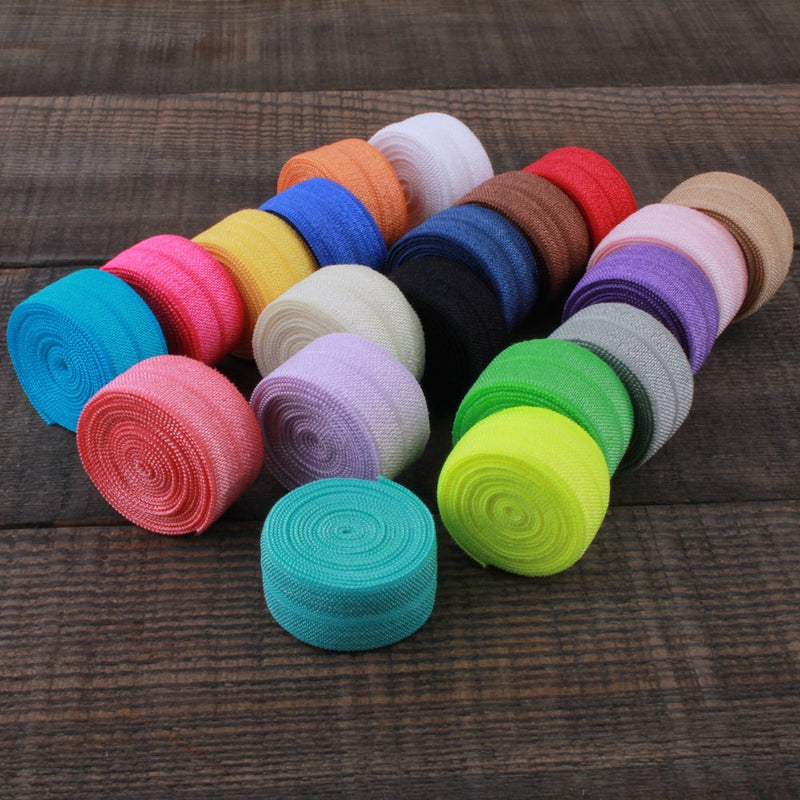 BASOKAN Solid Color Sewing Fold Over Elastic Stretch FOE and Foldover FOE Trim Elastic Ribbon by the yard for Hair Ties Headbands (5/8 inch, 1.5 cm, 20 Yards, Mix 20 Colors)