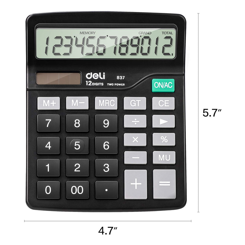 Calculator, Deli Standard Function Desktop Calculators with 12 Digit Large Display, Solar Battery LCD Display Office Calculator, Black 1