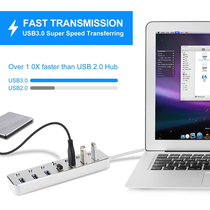 TCNEWCL 7-Port Powered USB 3.0 Hub, Aluminum Data Hub Splitter with Individual Switches and 5V/2A Power Adapter for PC Laptop silver