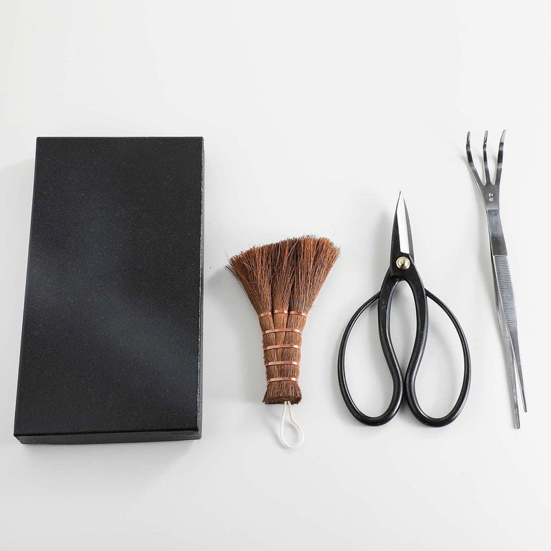 Wazakura Japanese Bonsai Garden 3PCS Tool Starter Kit, Made in Japan, Traditional Bonsai Scissors, Stainless Tweezers with Rake, Chinese Broom. Beginner Set wit Tweezers, Shears and Brush 3PCS Bonsai Set with Bonsai Scissors