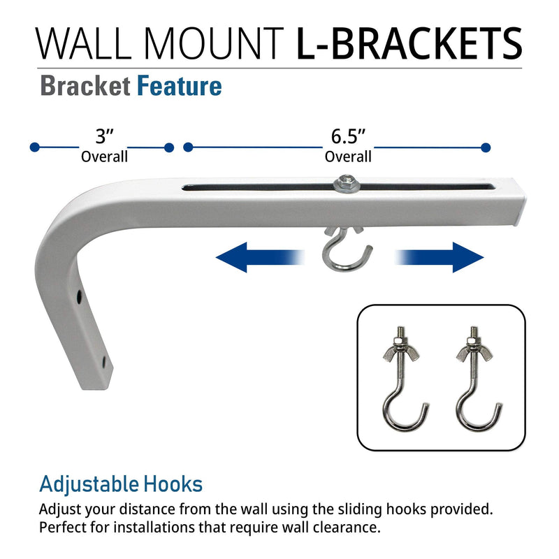 Akia Screens 10 inch Universal Projector Screen L-Bracket Wall Hanging Mount kit 10" Adjustable Extension with Hook, for Projector Screen Indoor Outdoor Movie Video Home Theater, White Bracket AK-ZLB