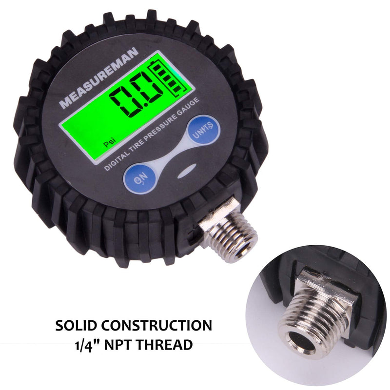 MEASUREMAN 2-1/2" Dial Size Digital Air Pressure Gauge with 1/4'' NPT Bottom Connector and Protective Boot, 0-200psi, Accuracy 1%, Battery Powered with LED Light 2.5" 1/4"NPT lower Short thread 0-200psi