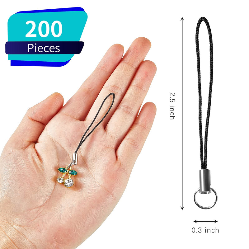 200 Pieces Lanyard Phone Ring Strap for Mobile Lariat Lanyard Cell Phone Split Ring Strap Sliver Tone Split Ring Cellphone Strap Charm Cords for Cellphone USB Drive Keychain DIY Black