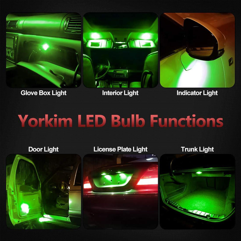 Yorkim 194 LED Bulbs Green Super Bright Newest 5th Generation, T10 LED Bulbs, 168 LED Bulb, LED Bulbs for Car Interior Dome Map Door Courtesy License Plate Lights W5W 2825, Pack of 10