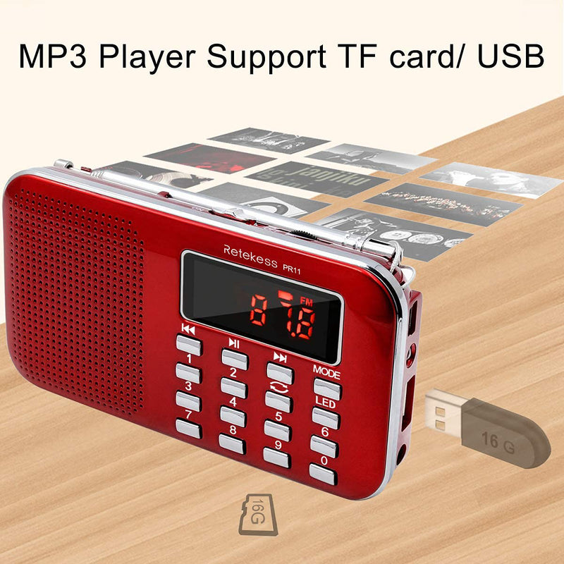 Retekess PR11 AM FM Radio Portable, Rechargeable Radio Digital Tuning, MP3 Music Player Speaker Support TF, AUX, USB Port, Ideal for Outdoor (Red) Red