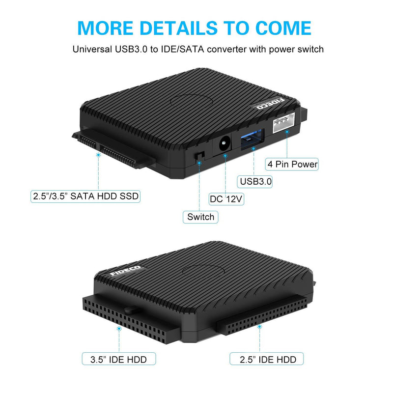 FIDECO SATA/IDE to USB 3.0 Adapter, Hard Drive Adapter Cable Converter for Universal 2.5/3.5 Inch IDE and SATA External HDD SSD, 5.25-Inch DVD-ROM/CD-ROM/CD-RW/DVD-RW/DVD+RW, Support 16TB (Cable PL03) SATA/IDE Cable PL03