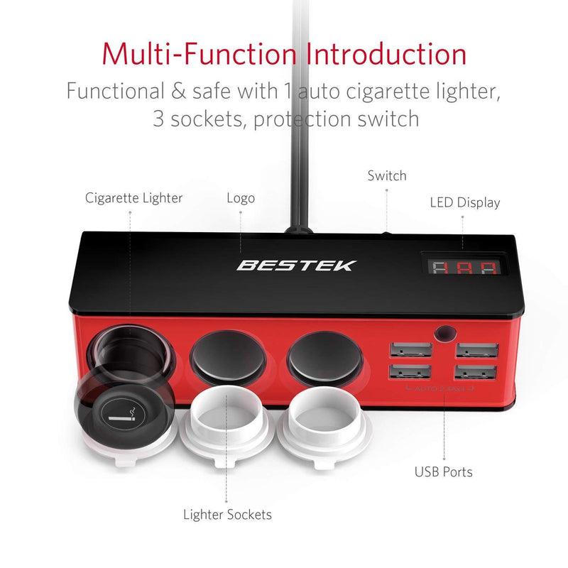 BESTEK 3-Socket 200W 12V/24V DC Cigarette Lighter Power Adapter with 6A 4-Port Car USB Splitter Charger
