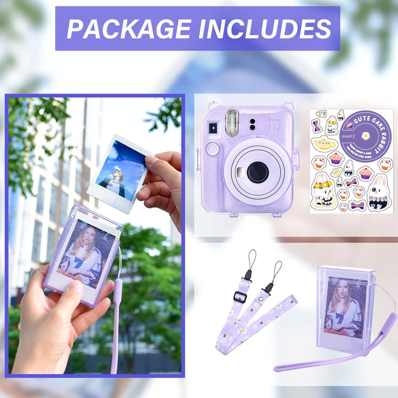 HIYQIN Upgrated Clear Glitter Case for Instax Mini 12, Fuji Mini 12 Clear Case, Fashion Glitter Protective Case with Adjustable Shoulder Strap, Portable Photo Box and DIY Sticker (Clear+Purple) Glitter-Clear Case+3 Accessories Purple