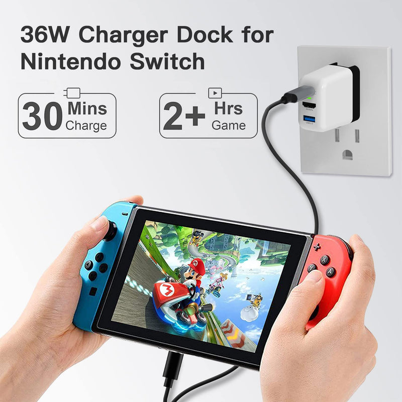 Switch Dock Charger for Nintendo Switch, Mirabox 36W Portable TV Docking Station for Nintendo Switch with 4K@60Hz HDMI/USB2.0/PD USB-C Fast Charging Ports, Full-Featured USB-C to USB-C Cable Included White