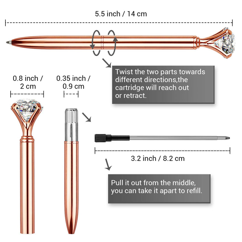 3 PCS Diamond Pen With Big Crystal Bling Metal Ballpoint Pen, Office Supplies And School, Rose Gold/White Rose Polka Dot/Silver, Includes 3 Pen Refills