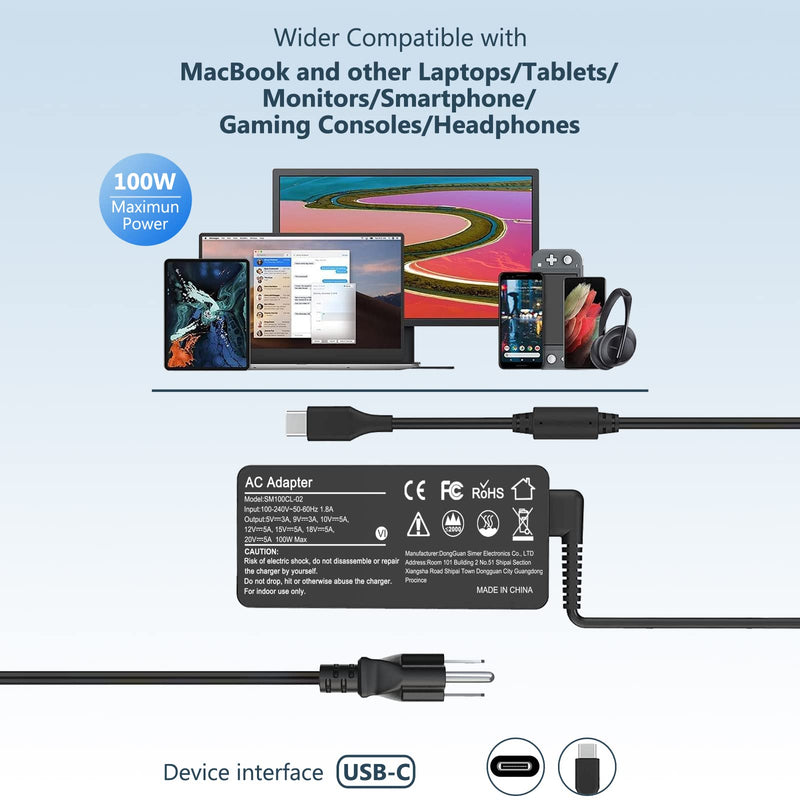 100W USB-C Power Adapter Fast Charger,Compatible with Mac Book Pro/Air 16, 15, 14, 13 Inch,Mac Book Air 13 Inch 2021 2020 2019 2018,iPad Pro,HP, Dell, Lenovo,Asus and All USB-C Device