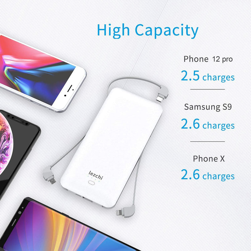 Portable Power Bank, Ultra Slim 10000mAh Portable Charger, USB C External Battery Pack with Built-in AC Plug, Charging Cable, Output Port, Compatible with All Kinds of Cellphones … White