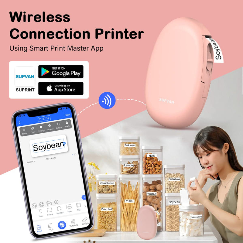 Supvan Bluetooth Label Maker Machine Indoor Outdoor Mini Pocket Smartphone Inkless Handheld Sticker Mini Labeler Multiple Templates Available Rechargeable Compatible with iOS&Android E10 Pink