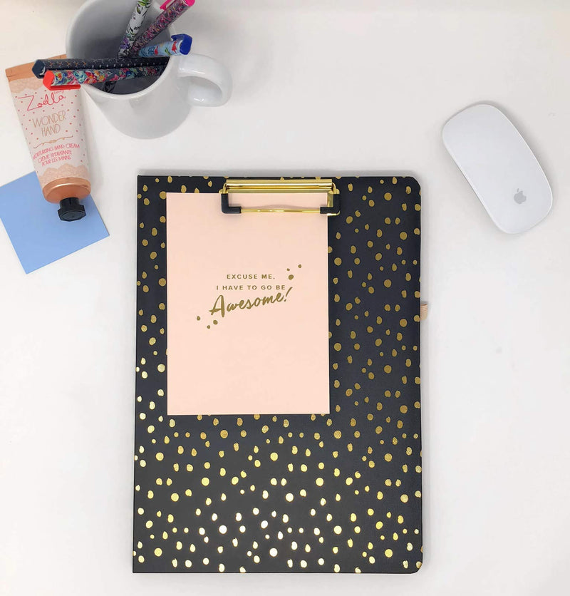 Vera Bradley Black Clipboard Folio with Refillable Lined Notepad, Interior Pocket, and Pen Loop, Midnight Gold Dots