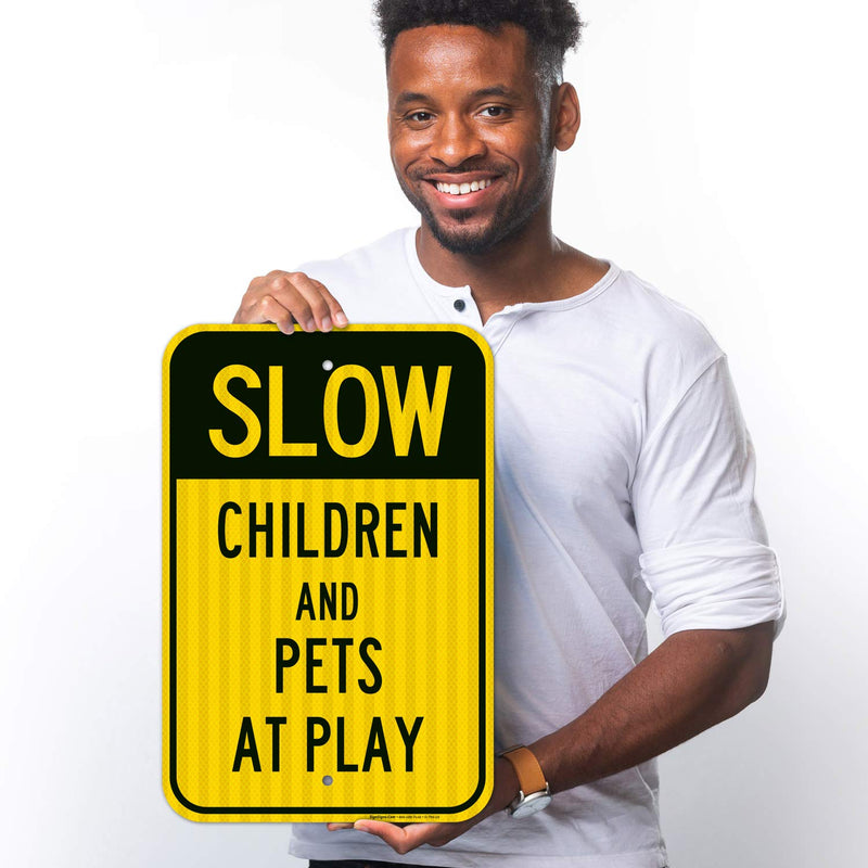 Children and Pets at Play Sign, Slow Down Sign, Large 12x18 3M Reflective (EGP) Rust Free .63 Aluminum, Weather/Fade Resistant, Easy Mounting, Indoor/Outdoor Use, Made in USA by Sigo Signs Reflective Aluminum EGP