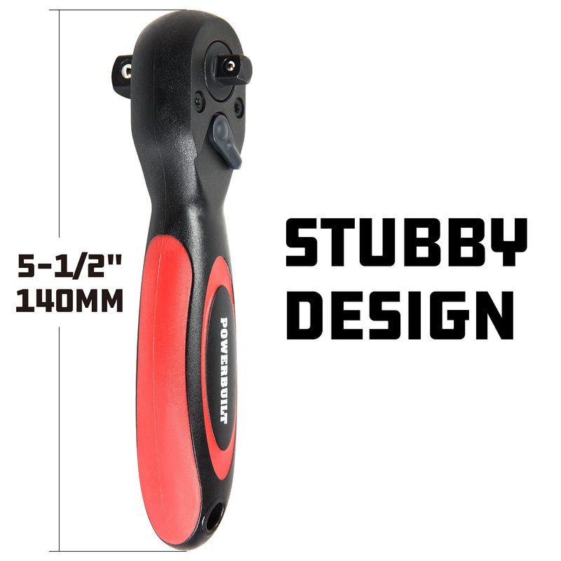 Powerbuilt Stubby Ratchet 3/8 Inch and 1/2 Inch Drive, Reversible Socket Wrench, 72 Tooth, Offset Comfort Handle - 940481