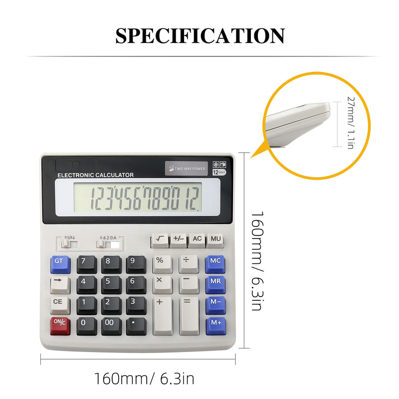 Calculator, Calculators Large Display and Buttons, Solar Battery Dual Power, Big Button 12 Digit Large LCD Display