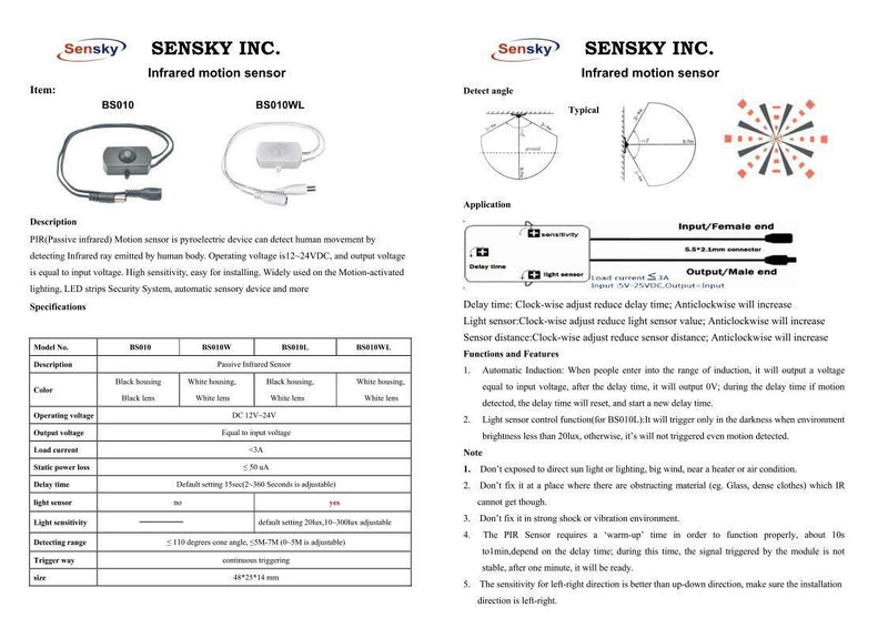 Sensky BS010W DC 12V to 30V 3A Mini Pir Motion Sensor Switch,Occupancy Sensor Switch for Gun Safe, Kitchen Cabinet, Pantry, Closet led lighting (White-Without Light Sensor)