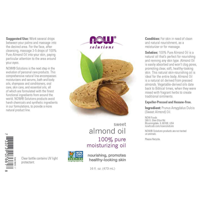 NOW Solutions, Sweet Almond Oil, 100% Pure Moisturizing Oil, Promotes Healthy-Looking Skin, Unscented Oil, 16-Ounce