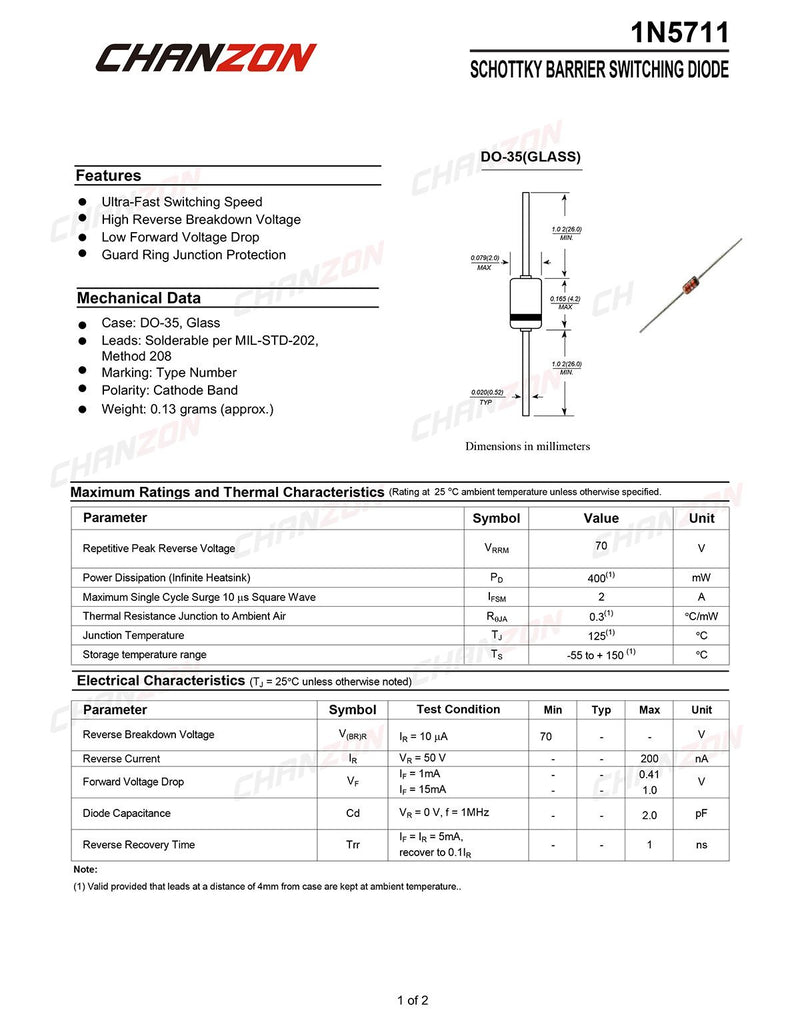 (Pack of 50 Pieces) Chanzon 1N5711 Schottky Barrier Rectifier Diodes 15mA 70V DO-35 (DO-204AH) Axial 5711 IN5711 15 mA 70 Volt Small Signal Switching Diode