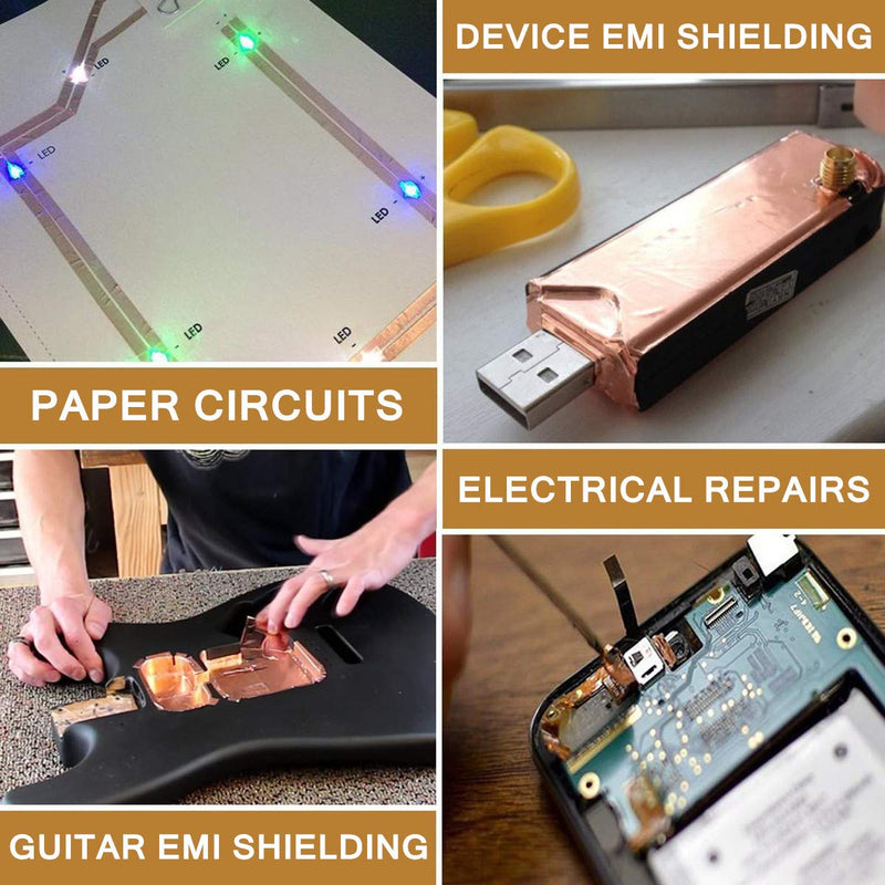 Copper Tape Single Sided Conductive Adhesive Foil Copper Tapes 2 Rolls 4 Sizes for Electrical Repairs, Slug Repellent, EMI Shielding, Stained Glass 2-Roll 1/4inch x 11yard