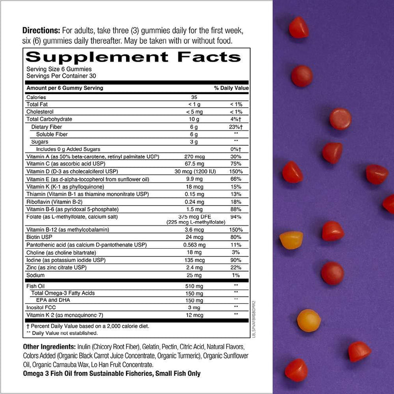SmartyPants Daily Gummy Multivitamin Adult w/ Fiber: Fiber for Digestive Support, Vitamin C, D3, & Zinc for Immunity, Omega 3 Fish Oil, Vitamin B6, E, Methyl B12, 180 count (30 Day Supply) Adult Formula + Fiber