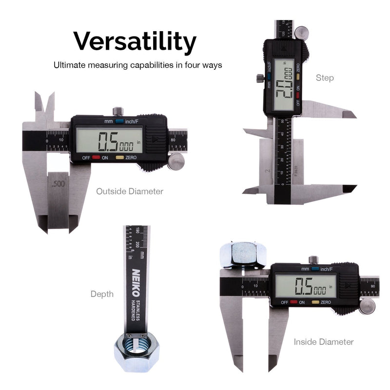 NEIKO 01407A Electronic Digital Caliper | 0-6 Inches | Stainless Steel Construction with Large LCD Screen | Quick Change Button for Inch/Fraction/Millimeter Conversions 6 inch 6" BLACK