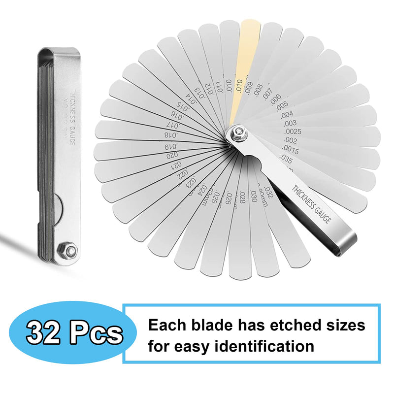 XTVTX 32 blade feeler gauges, valve gauge, distance gauge, high-precision feeler gauge stainless steel with dual marked metric and imperial gap measuring tool.