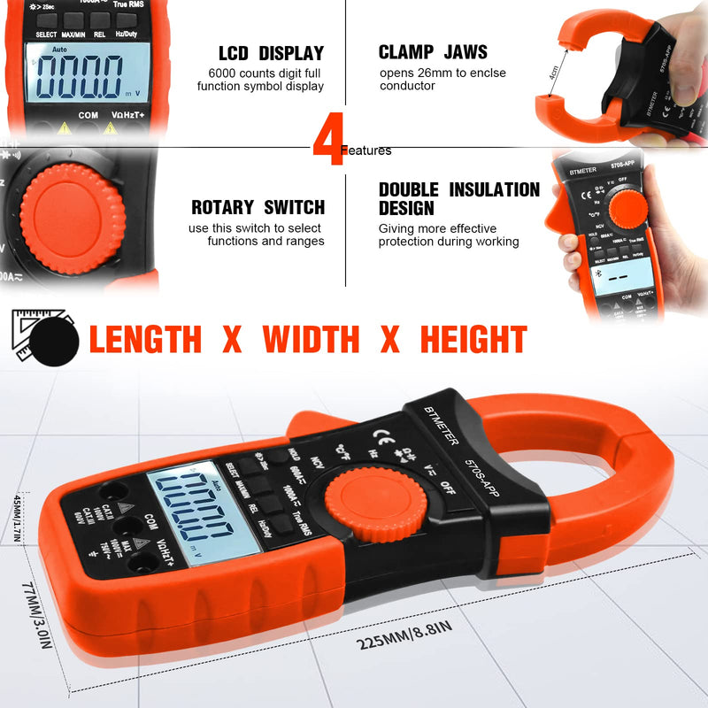 BTMETER Digital Clamp Multimeter BT-570S-APP with Bluetooth, 6000 Counts TRMS Clamp-on Ammeter Auto Ranging Voltage Tester Measure AC DC Volt Amp Ohm NCV Temperature Capacitance