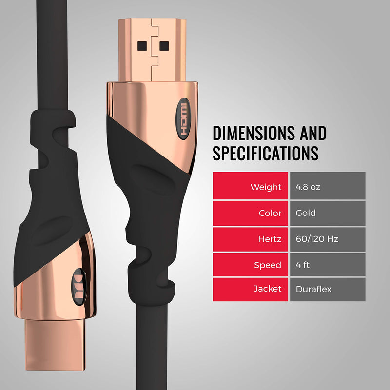 Monster HDMI Cable 4k Ultra HD 4ft with Ethernet Cord - 60/120 Hz Refresh Speed - 21Gbps High Definition 1080p Video - Corrosion-Resistant 24k Rose Gold Contacts and V-Grip Connection 4 FT Black