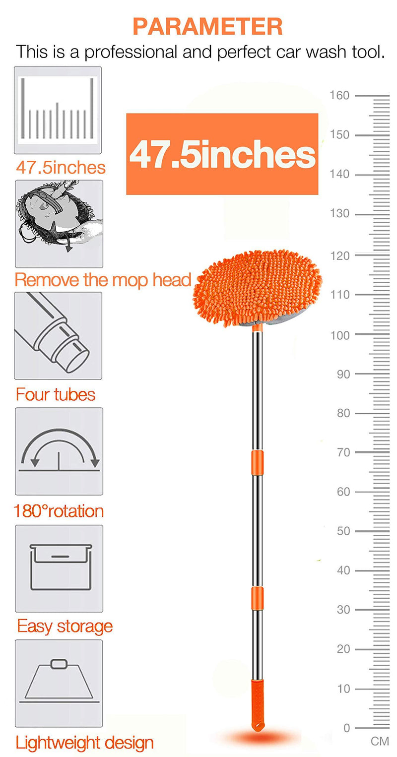 WillingHeart 47.5" Car Wash Brush Mop Cleaning Tool with Long Handle Kit for Washing Detailing Cars Truck, SUV, RV, Trailer, Boat 2 in 1 Chenille Microfiber Sponge Duster Not Hurt Paint Scratch Free Orange