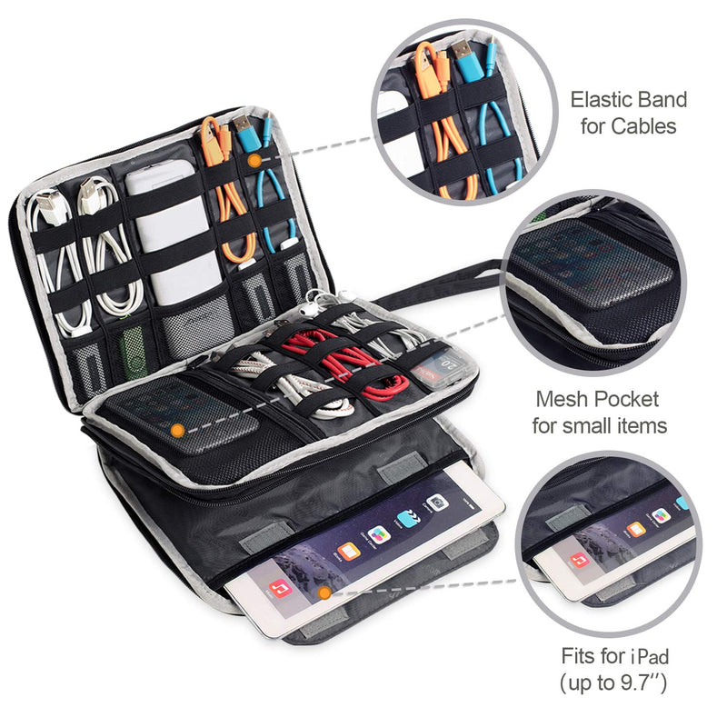 BUBM Double Layer Electronics Organizer/Travel Gadget Bag For Cables,Memory Cards,Flash Hard Drive and More,Fit For iPad Or Tablet(Up To 9.7")--Large, Black Large,2-layer