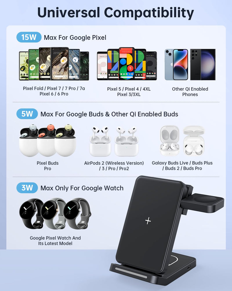Houflody 3 in 1 Foldable Wireless Charging Station for Google Pixel Watch, Pixel Buds Pro and Google Phones Fold/7 Pro/7a/7/6 Pro/6/5/4/3/XL, Wireless Charger with QC 18W Adapter, Black