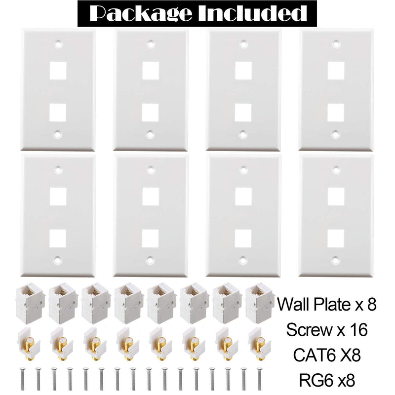 8 Pack Cat6 Coax Wall Plates, Cat6 Ethernet Port and Cable TV Coax Gold-Plated F-Type Port Wall Plate (White) White