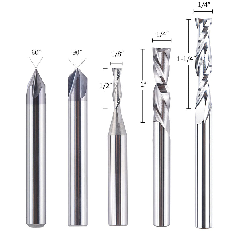 SpeTool 5 Pcs CNC Router Bits Set Sign Carving Up Down Extra Long Cut for Wood Profile V Groove Engrave with 1/4 Inch Shank