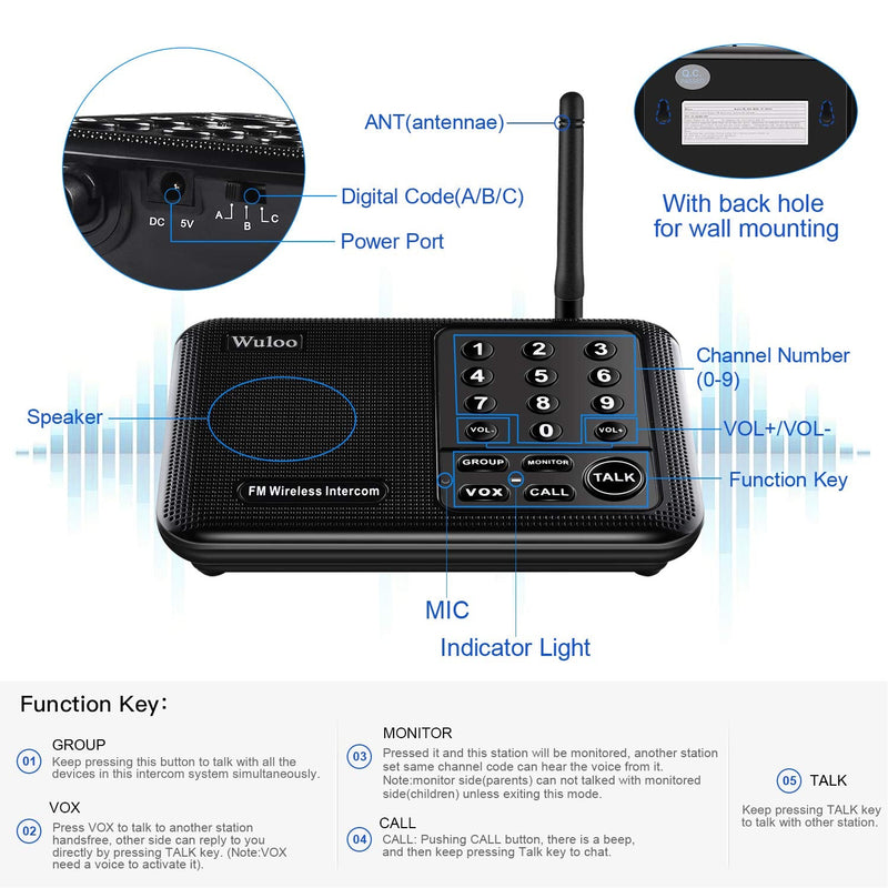 Wuloo Intercoms Wireless for Home 1 Mile (5280 Feet) Range 10 - Channel, Wireless Intercom System for Home House Business Office, Room to Room Intercom, Home Communication System (2 Packs, Black)