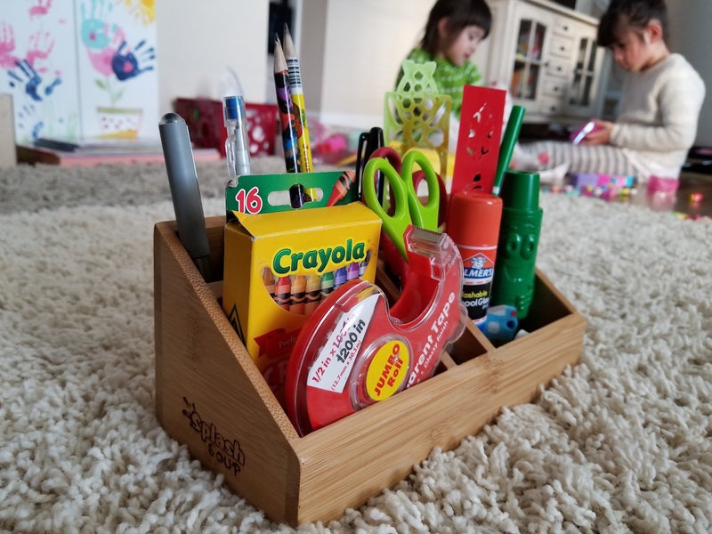 Small Multifunctional Bamboo Organizer | Desk Caddy | Home Office Accessory Tray | School Art Supply Holder | Pen Pencil Brush Compartment | Kitchen Bathroom Countertop Storage by SplashSoup
