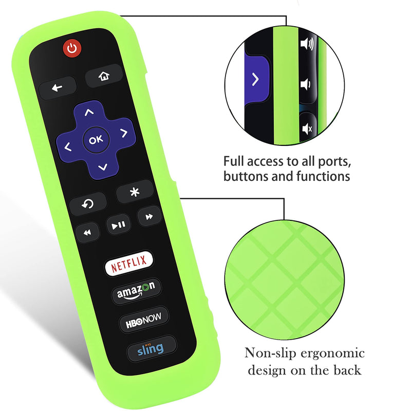Remote Case for Roku, Battery Cover for TCL Roku Smart TV Steaming Stick Remote, Roku TV Remote Cover Silicone Protective Controller Universal Sleeve Skin Glow in The Dark Green Green Glow