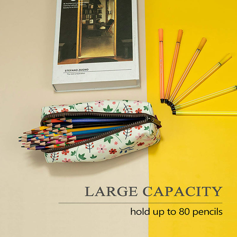 LParkin Floral Large Capacity Flower Canvas Pencil Case Teacher Gift Gadget Pen Bag Pouch Stationary Case Makeup Cosmetic Student Bag Box White