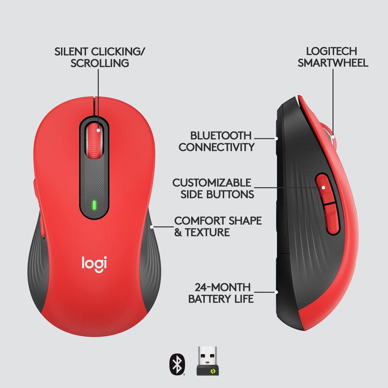 Logitech Signature M650 L Full Size Wireless Mouse - for Large Sized Hands, 2-Year Battery, Silent Clicks, Customizable Side Buttons, Bluetooth, Multi-Device Compatibility - Classic Red Right Handed Large Size