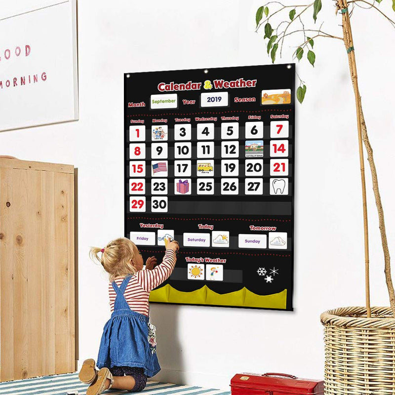 Godery Calendar and Weather Pocket Chart, Classroom Organized Chart, 149 Pieces (Black) Black