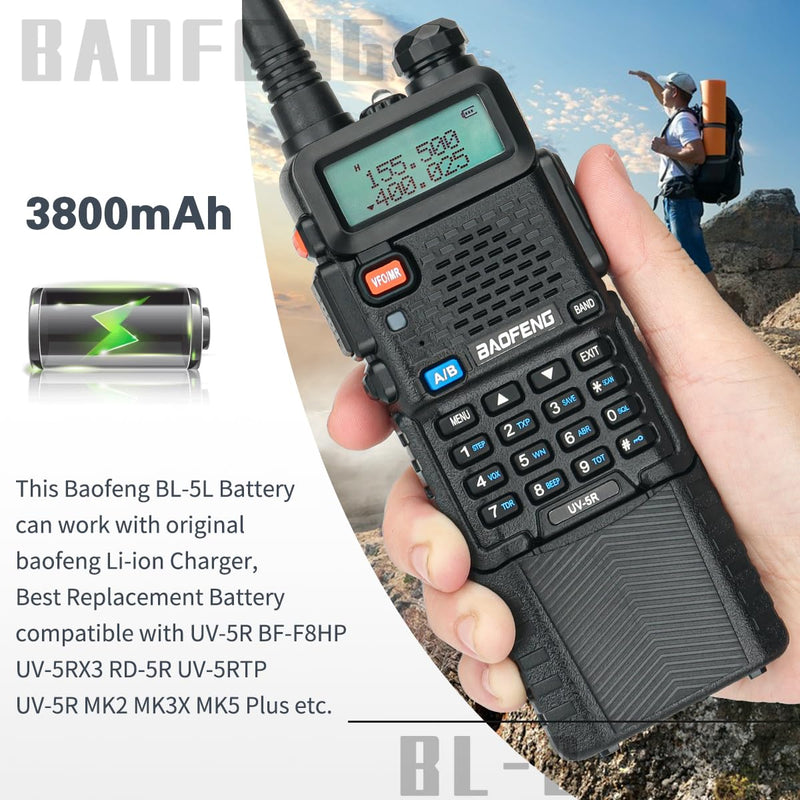 BAOFENG BL-5 3800mAh Extended Battery with Type-C Charger Cable for Walkie Talkie UV-5R BF-F8HP UV-5RX3 RD-5R UV-5RTP UV-5R MK2 MK3X MK5 Plus Series Two Way Radio Black-3800mAh+Type-C